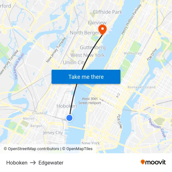 Hoboken to Edgewater map