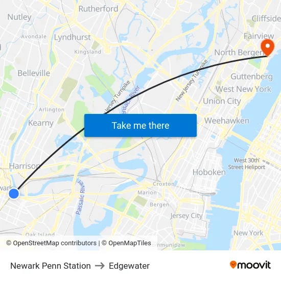 Newark Penn Station to Edgewater map