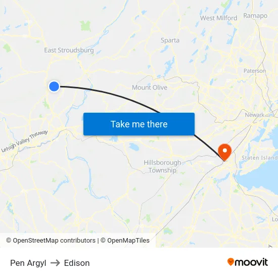 Pen Argyl to Edison map