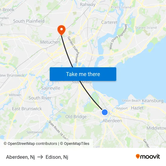 Aberdeen to Edison, Nj map
