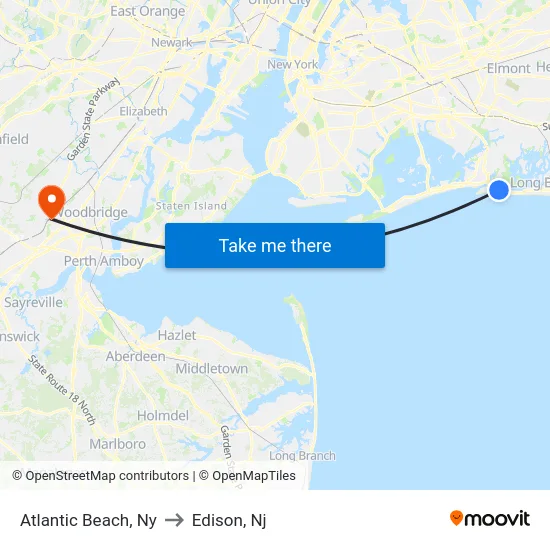 Atlantic Beach to Edison, Nj map