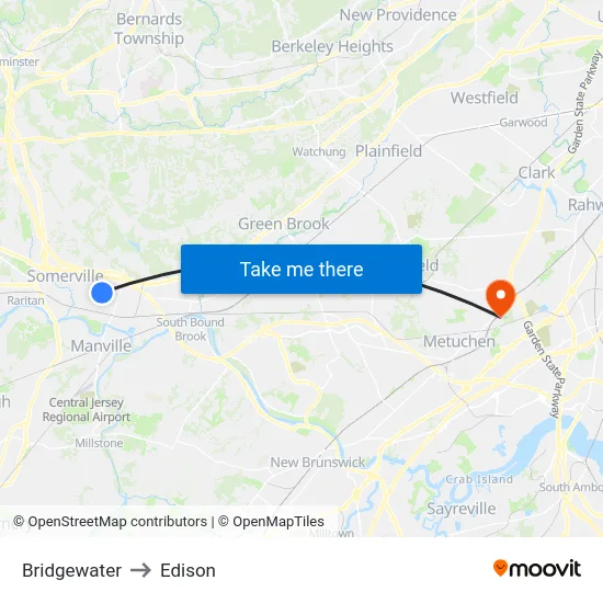 Bridgewater to Edison map