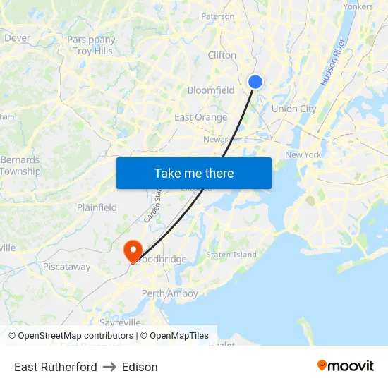 East Rutherford to Edison map
