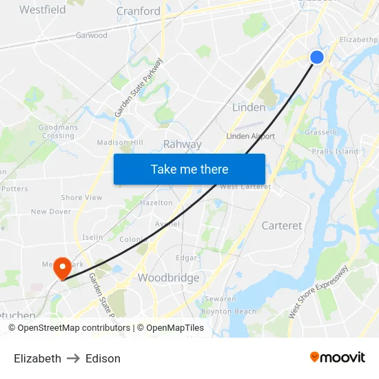 Elizabeth to Edison map