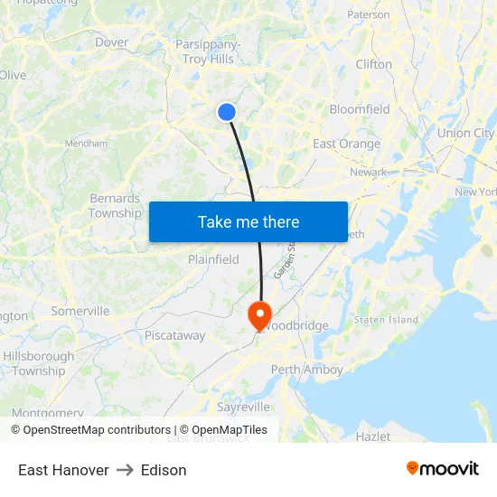 East Hanover to Edison map