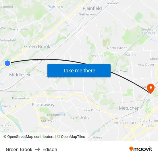 Green Brook to Edison map