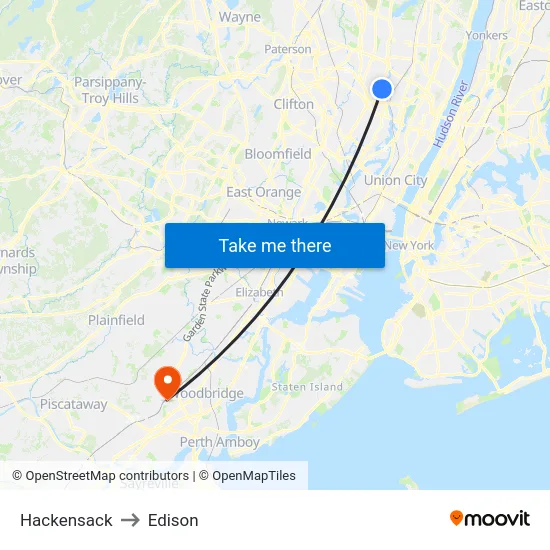 Hackensack to Edison map