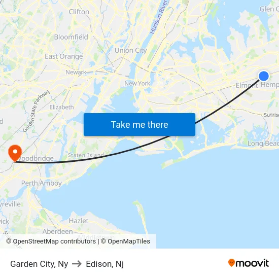Garden City to Edison, Nj map