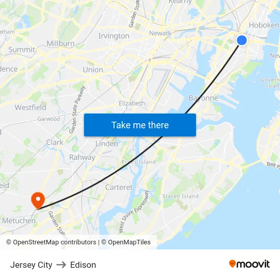 Jersey City to Edison map