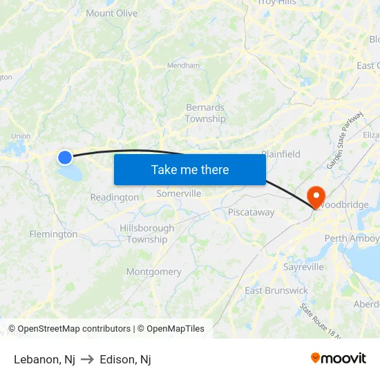 Lebanon to Edison, Nj map