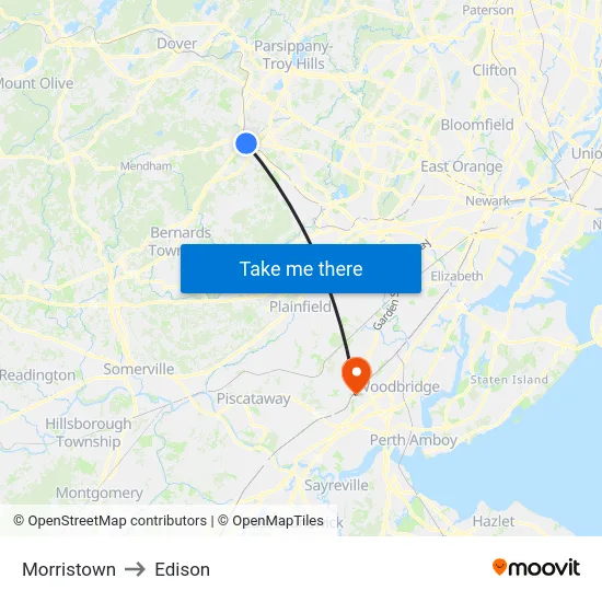 Morristown to Edison map