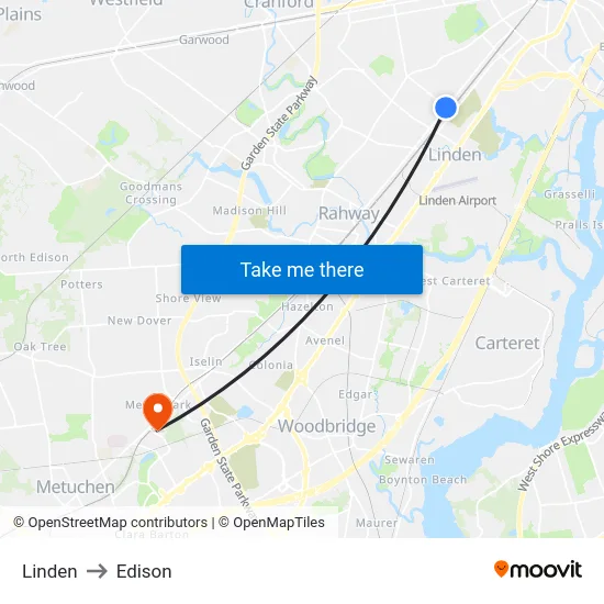 Linden to Edison map