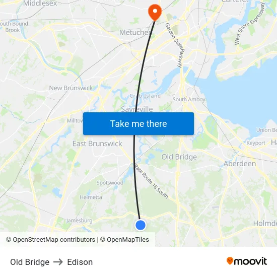 Old Bridge to Edison map