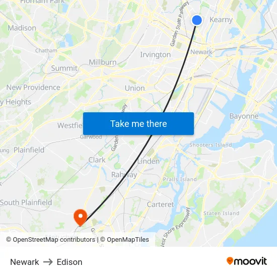 Newark to Edison map