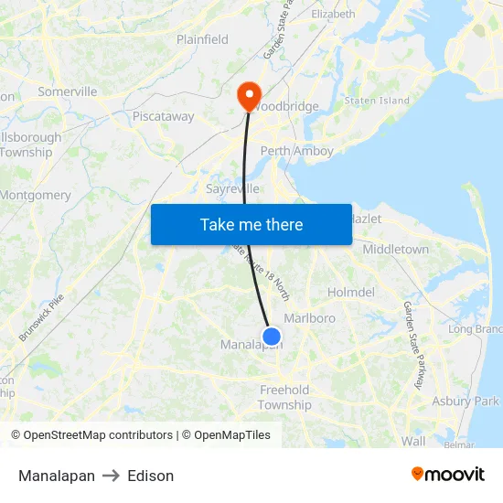 Manalapan to Edison map