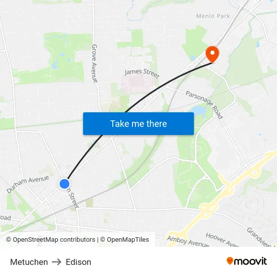 Metuchen to Edison map