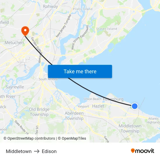 Middletown to Edison map