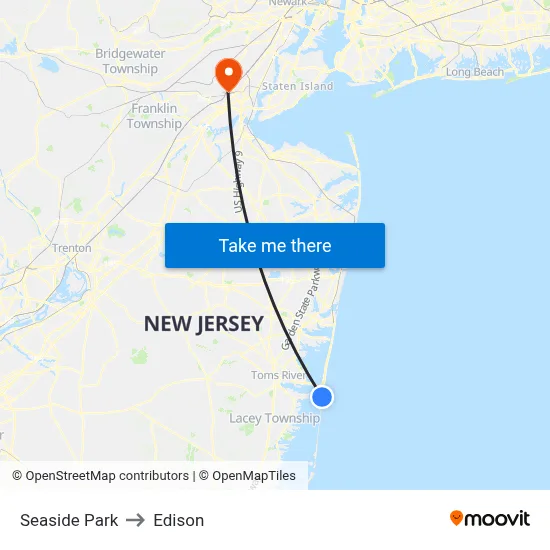 Seaside Park to Edison map