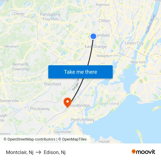 Montclair to Edison, Nj map