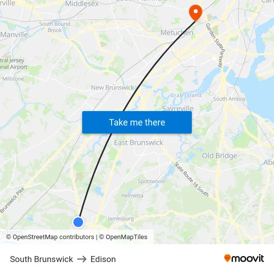 South Brunswick to Edison map