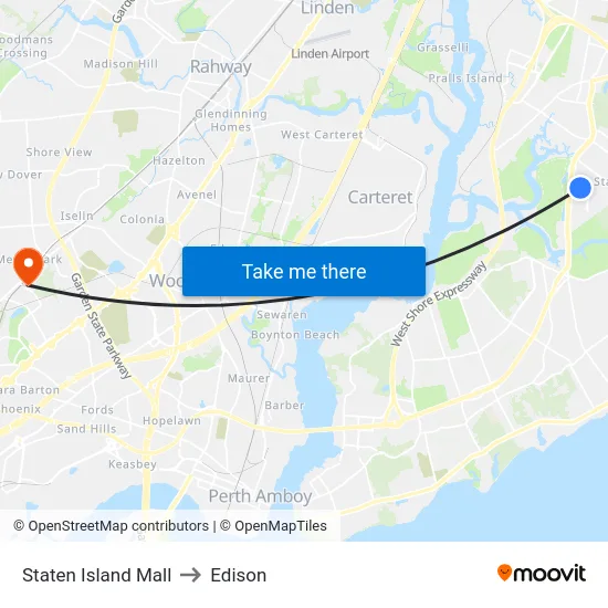 Staten Island Mall to Edison map