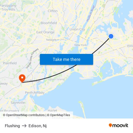 Flushing to Edison, Nj map