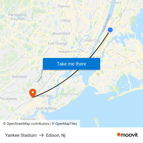 Yankee Stadium to Edison, Nj map
