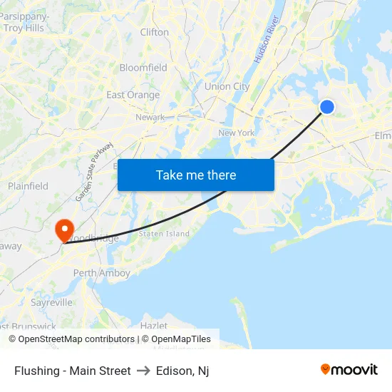 Flushing - Main Street to Edison, Nj map