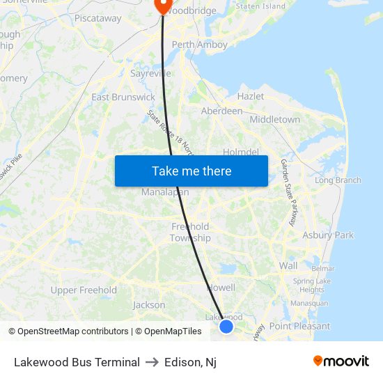 Lakewood Bus Terminal to Edison, Nj map