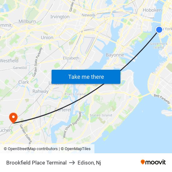 Brookfield Place Terminal to Edison, Nj map