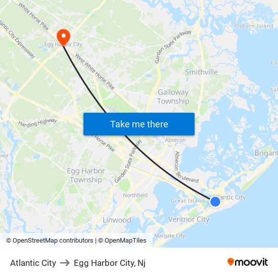 Atlantic City to Egg Harbor City, Nj map