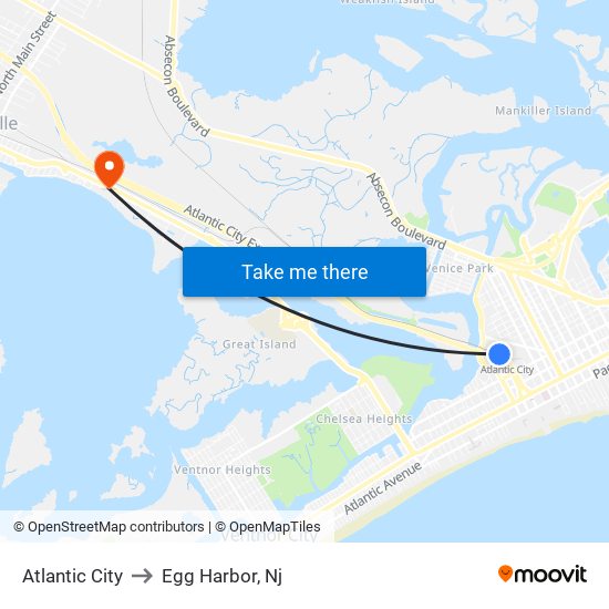 Atlantic City to Egg Harbor, Nj map