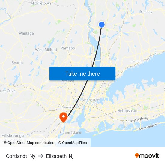 Cortlandt, Ny to Elizabeth, Nj map