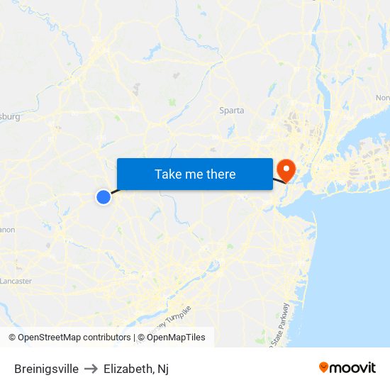 Breinigsville to Elizabeth, Nj map