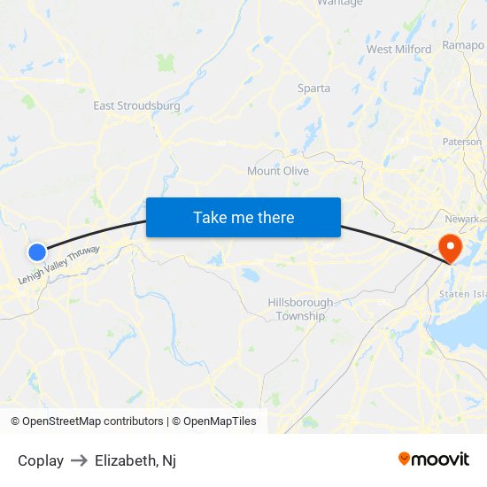 Coplay to Elizabeth, Nj map