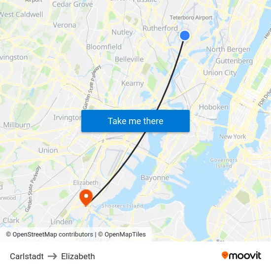Carlstadt to Elizabeth map