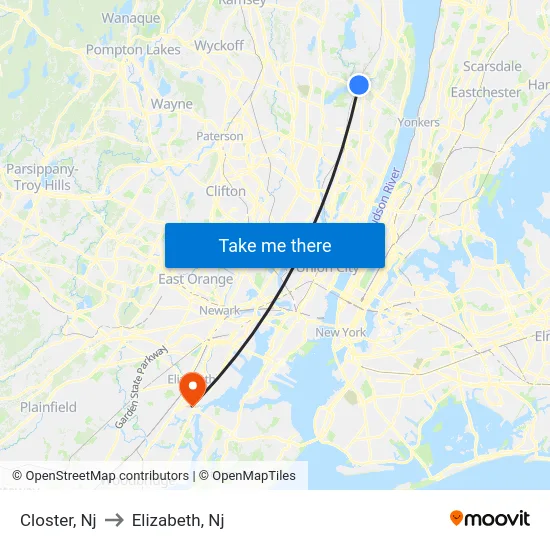 Closter to Elizabeth, Nj map