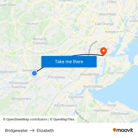 Bridgewater to Elizabeth map