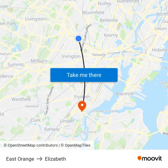 East Orange to Elizabeth map