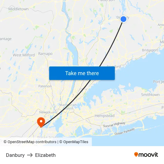 Danbury to Elizabeth map