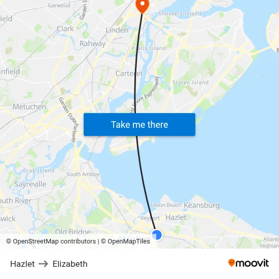 Hazlet to Elizabeth map