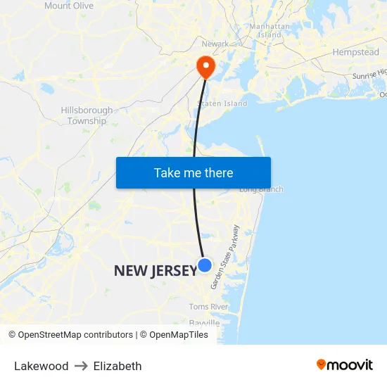 Lakewood to Elizabeth map