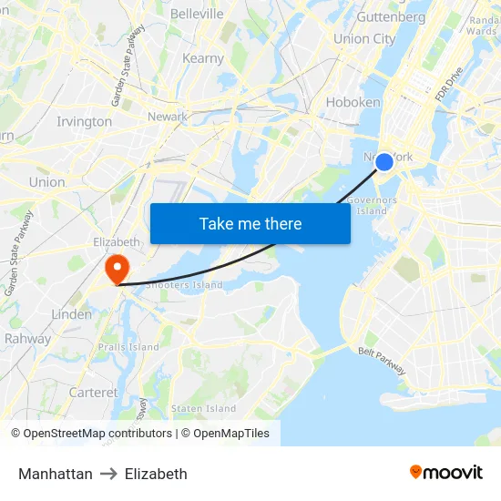 Manhattan to Elizabeth map