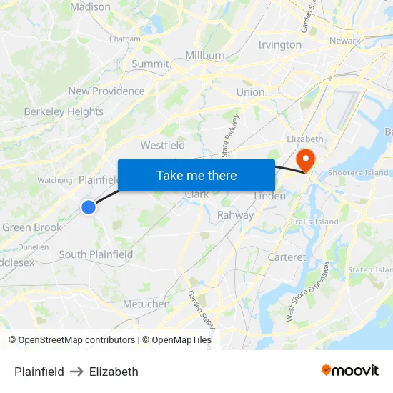 Plainfield to Elizabeth map