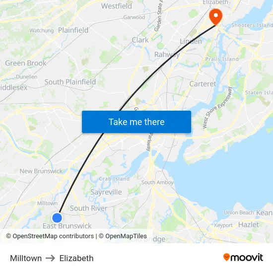 Milltown to Elizabeth map