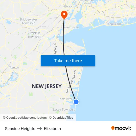 Seaside Heights to Elizabeth map