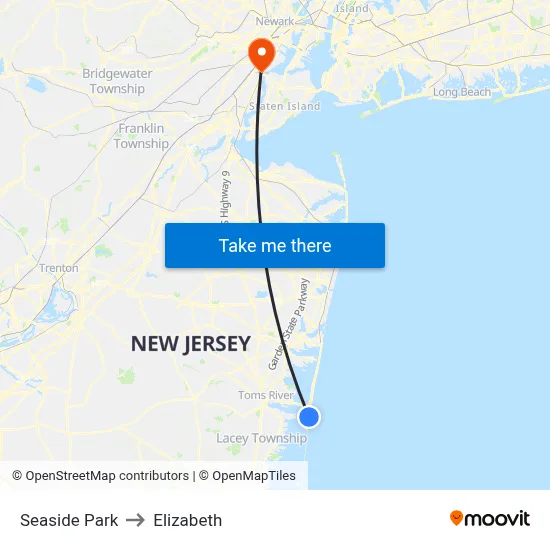 Seaside Park to Elizabeth map