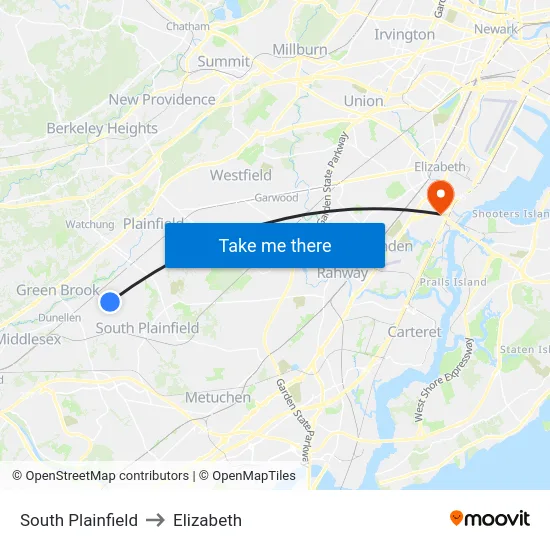 South Plainfield to Elizabeth map