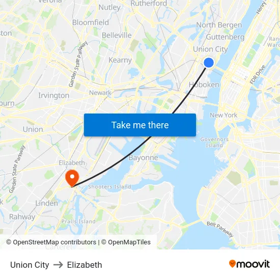 Union City to Elizabeth map