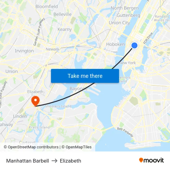 Manhattan Barbell to Elizabeth map